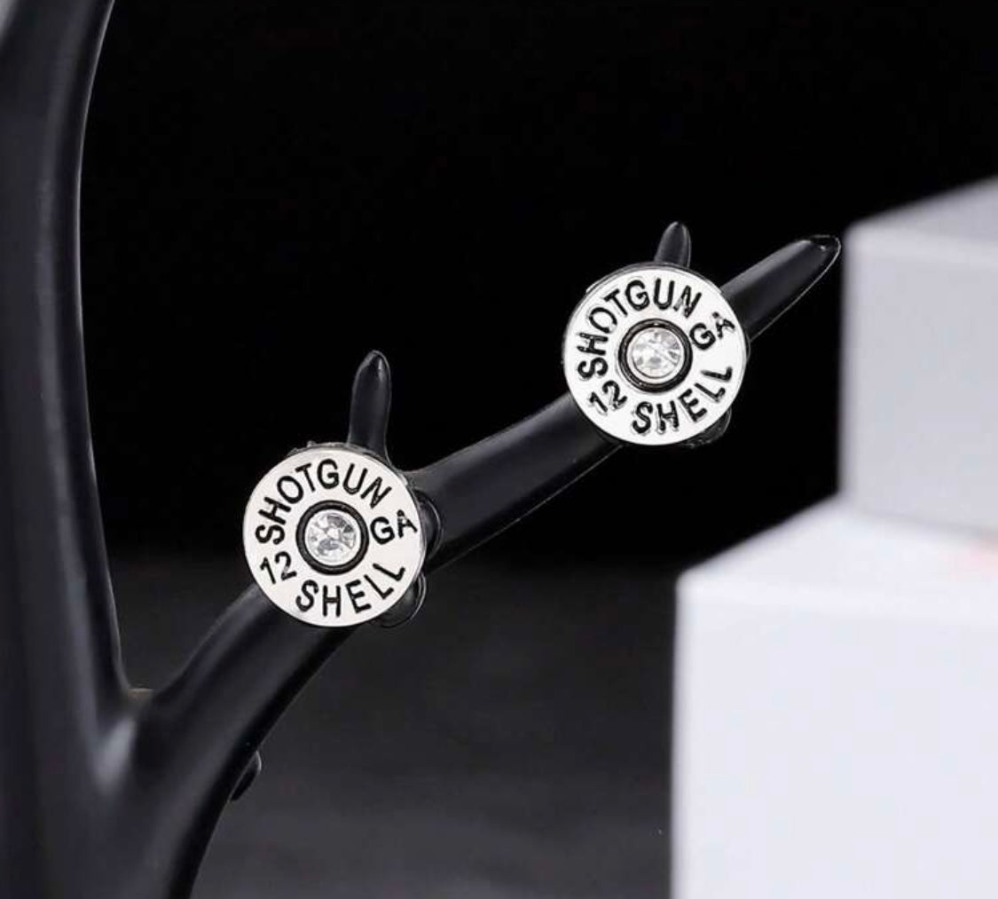 12 Gauge Shotgun Shell Stud Earrings — Silver with Crystal Center