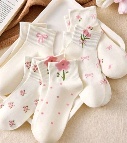 White & Pink Floral Bow Embroidered Ankle Socks – Sold Individually