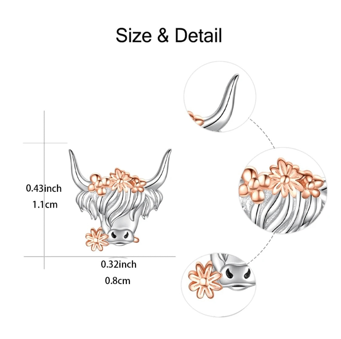 Highland Cow Flower Stud Earrings – Silver & Rose Gold
