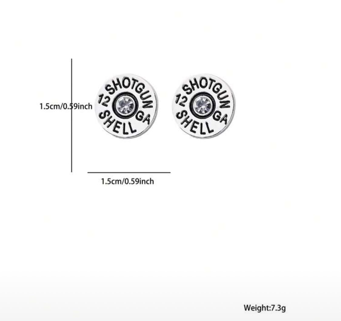 12 Gauge Shotgun Shell Stud Earrings — Silver with Crystal Center