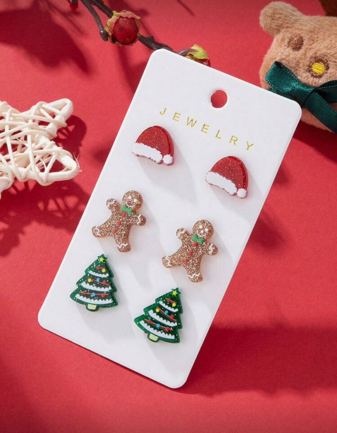 Festive 3-Pair Stud Earring Set — Santa Hat, Gingerbread & Christmas Tree