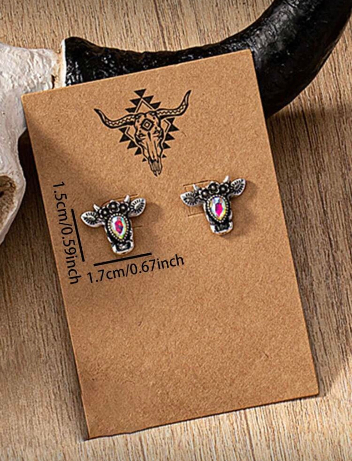 Boho Bull Head Stud Earrings – Silver with Gem Detail