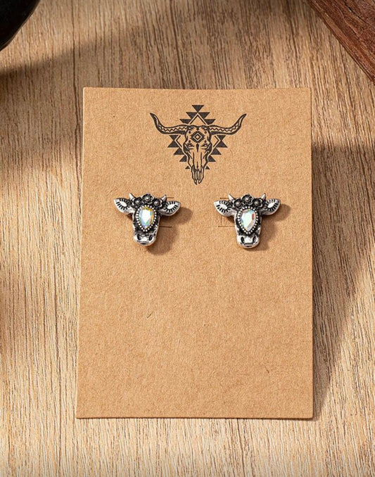 Boho Bull Head Stud Earrings – Silver with Gem Detail