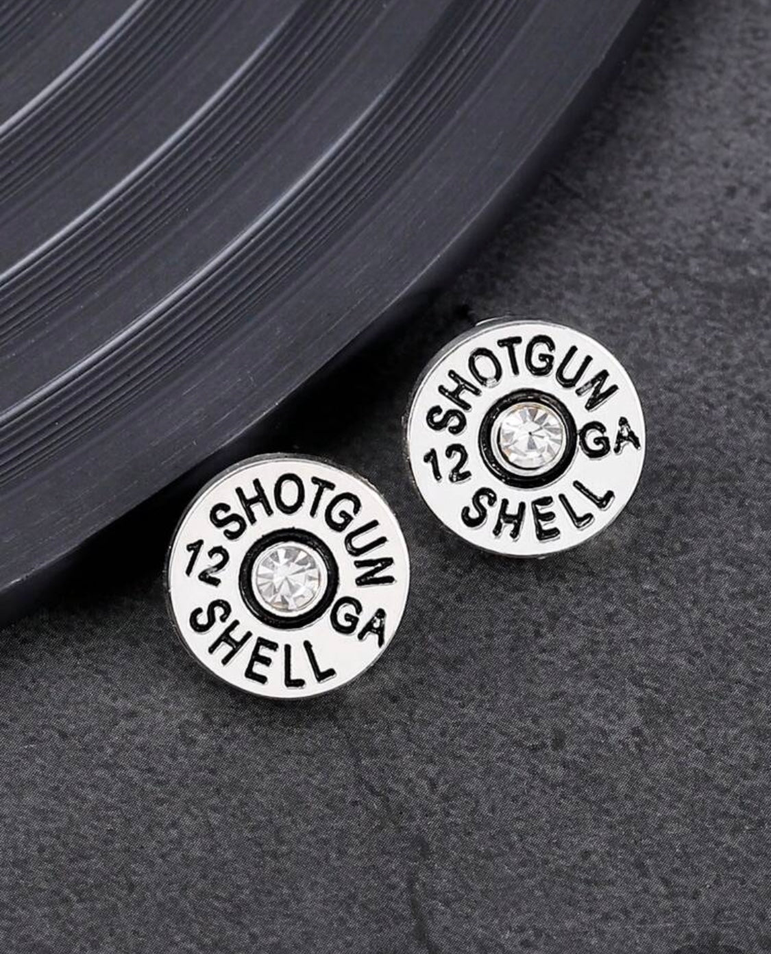 12 Gauge Shotgun Shell Stud Earrings — Silver with Crystal Center