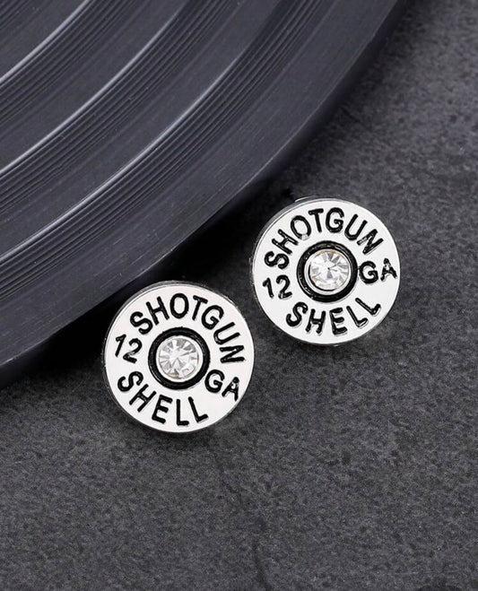 12 Gauge Shotgun Shell Stud Earrings — Silver with Crystal Center