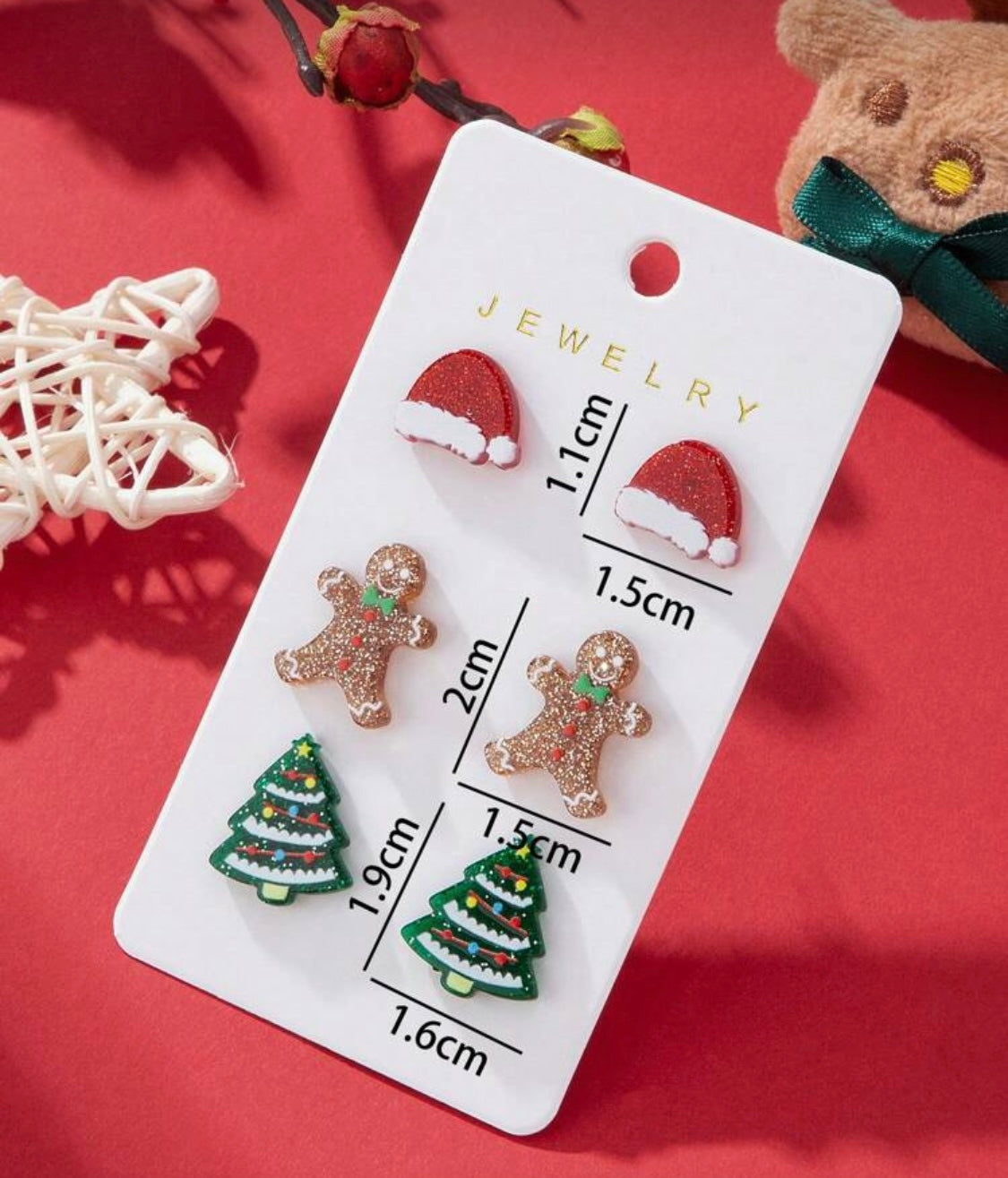 Festive 3-Pair Stud Earring Set — Santa Hat, Gingerbread & Christmas Tree