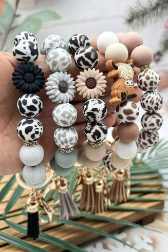 🌸 Boho Beaded Bracelet Keychains – Floral, Cow Print & Tassel Charms