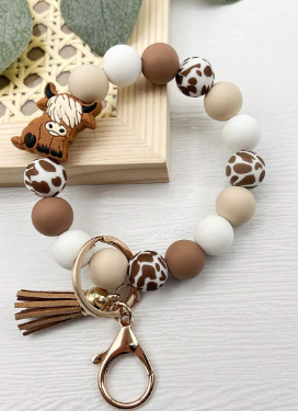 🌸 Boho Beaded Bracelet Keychains – Floral, Cow Print & Tassel Charms