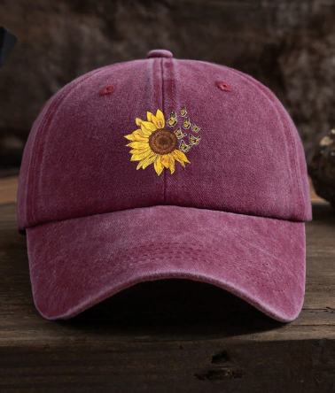 🌻 Sunflower-Print Adjustable Baseball Cap – Yellow or Burgundy