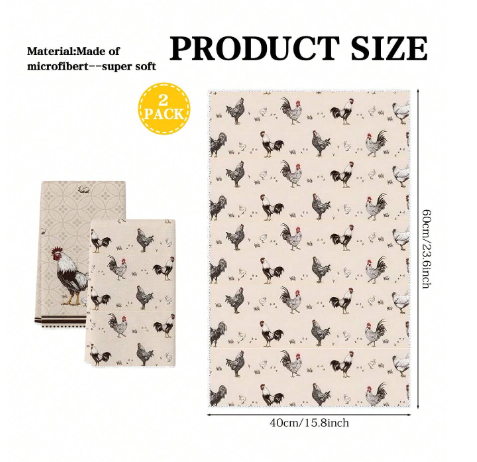 🐔 2-Piece Chicken Kitchen Towel Set – Vintage Farmhouse Dish Towels for Chicken Lovers
