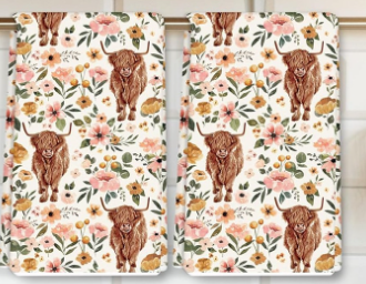 🐮 Boho Floral Highland Cow Dish Towel Set (2pcs) – Farmhouse Kitchen Decor