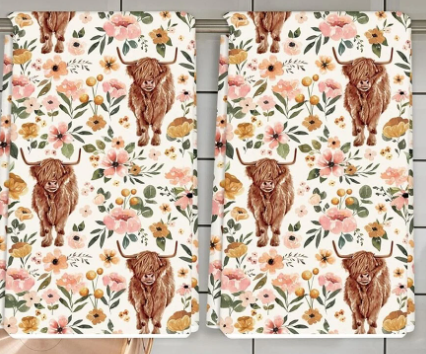🐮 Boho Floral Highland Cow Dish Towel Set (2pcs) – Farmhouse Kitchen Decor