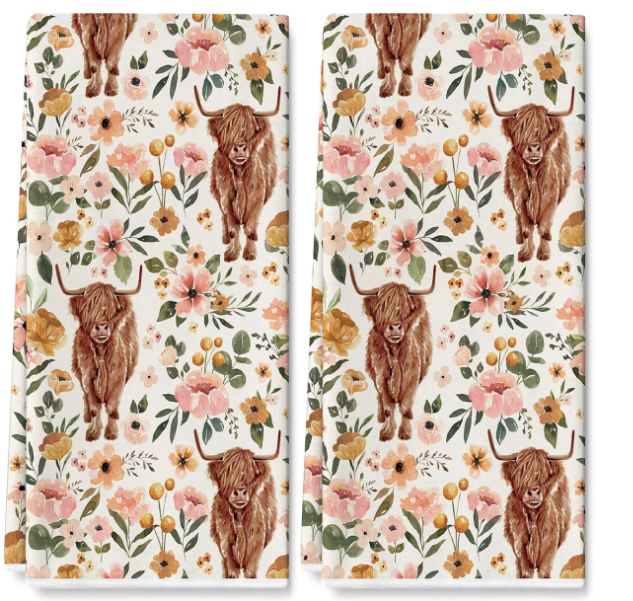 🐮 Boho Floral Highland Cow Dish Towel Set (2pcs) – Farmhouse Kitchen Decor