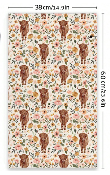🐮 Boho Floral Highland Cow Dish Towel Set (2pcs) – Farmhouse Kitchen Decor