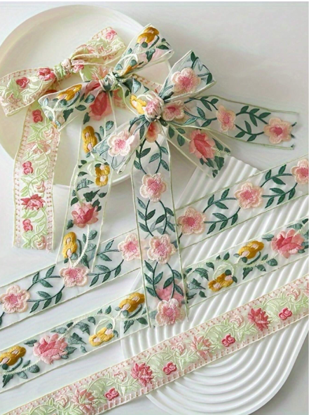 1 Yard Floral Embroidered Satin Ribbon – 5cm Wide