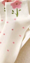 White & Pink Floral Bow Embroidered Ankle Socks – Sold Individually
