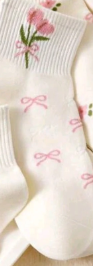 White & Pink Floral Bow Embroidered Ankle Socks – Sold Individually